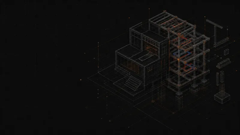 Wireframe BIM visualization of a building's structural and services layers